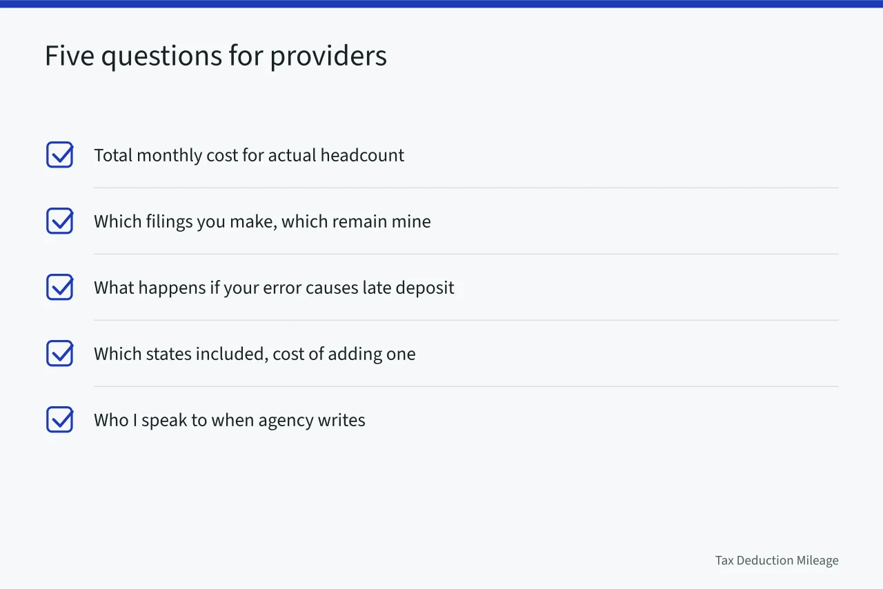 Checklist of five questions to ask payroll providers before choosing one (3 things to understand about payroll tax cost)